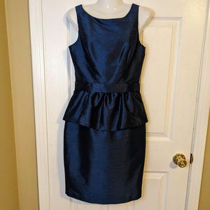 Alfred Sung Midnight Blue Satin Sleeveless Midi Ruffle Sheath Dress - size 2